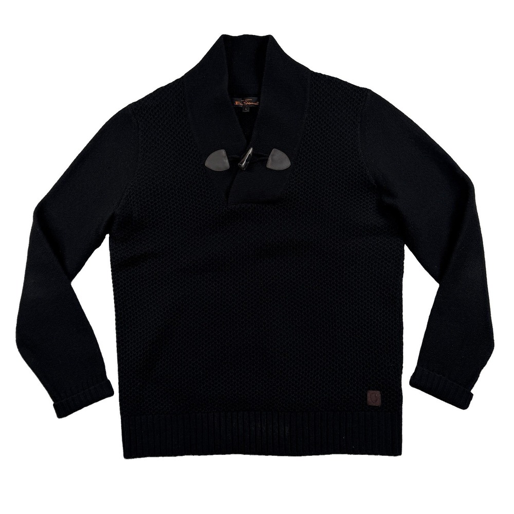 Ben Sherman Waffle Knit Shawl Toggle Button 100% Wool Sweater Mens L Prepi Ivy